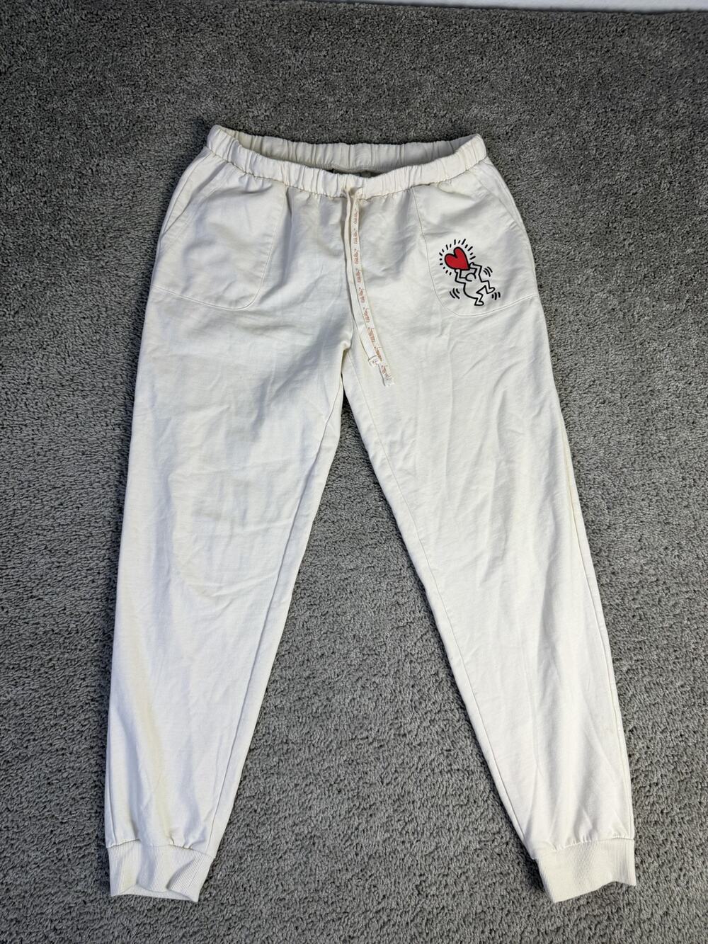 Keith Haring Pants Mens M White Jogger Fleece Elastic Waist Pockets Ribbed